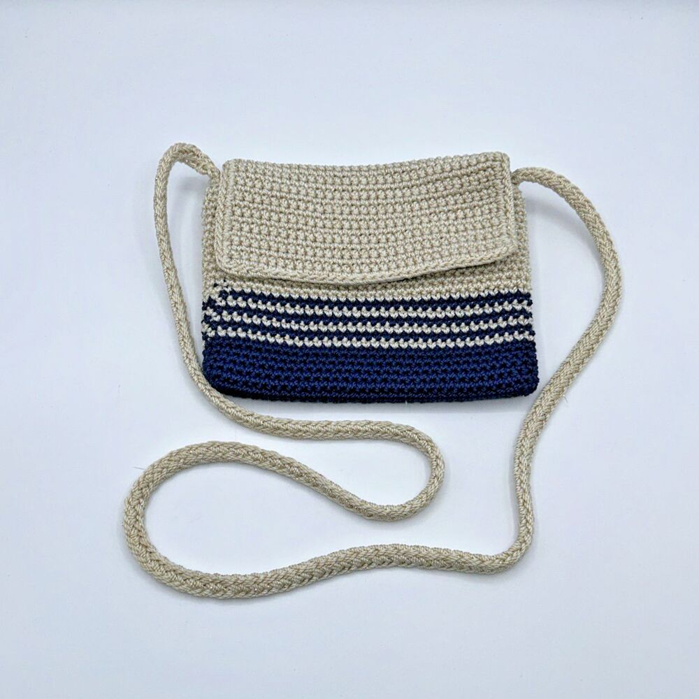Sakroots Artist Circle Mini Crochet Crossbody Purse Cream Blue Braided Strap